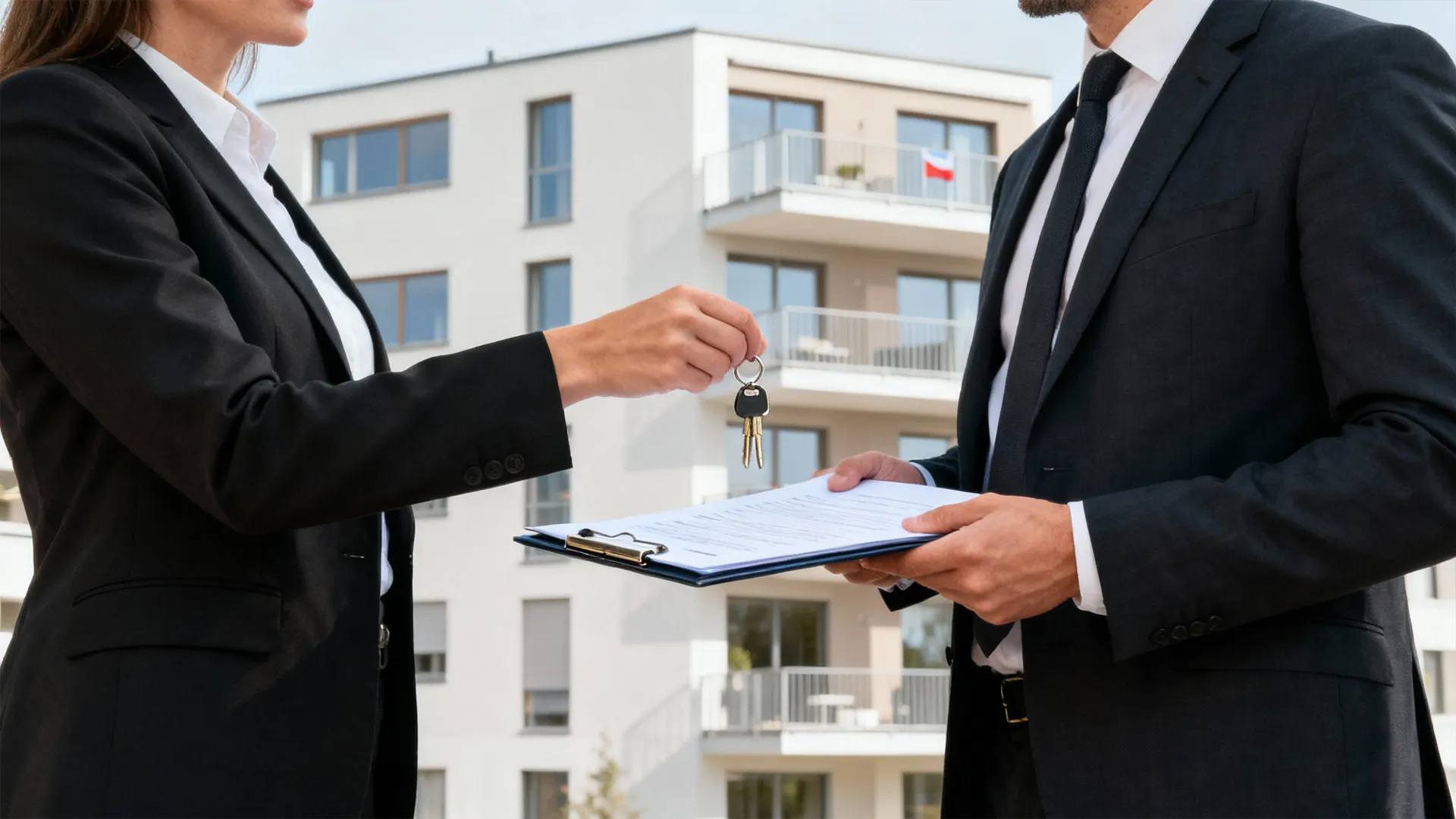 Kurze Übergabe von Wohnungsschlüsseln und Mietvertrag vor modernem Schweizer Wohnhaus.